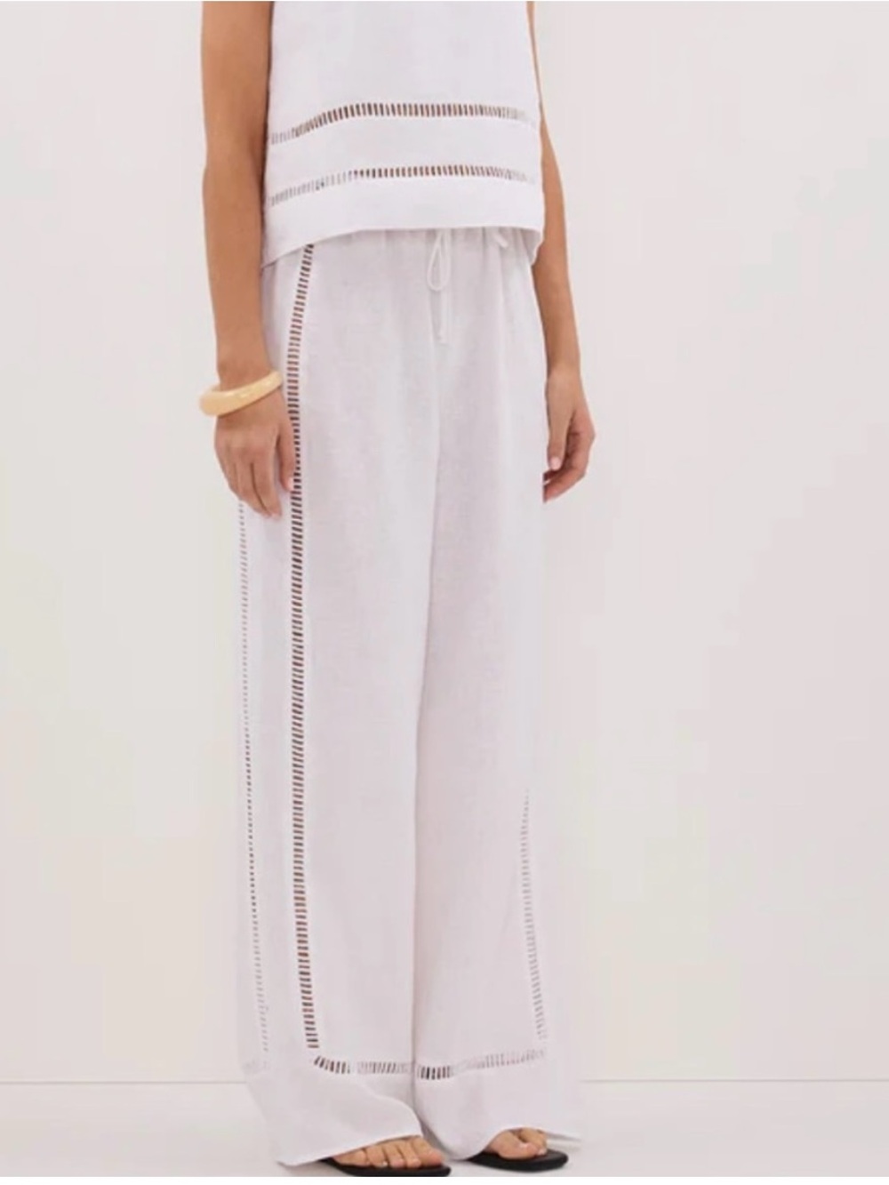 DISSH White linen Wide-Leg Crochet-Trim Drawstring Pants